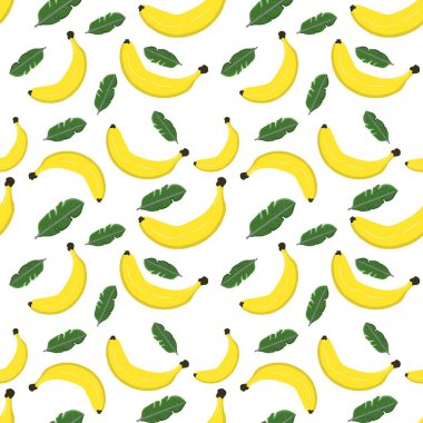 Kusursuz muz deseni ve beyaz arka planda yapraklar. Çizim elle çizilmiş. Kumaş, kağıt ve diğer nesneler için tasarım. Dijital illüstrasyon.