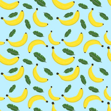 Renkli arka planda kusursuz muz ve yapraklar var. Çizim elle çizilmiş. Kumaş, kağıt ve diğer nesneler için tasarım. Dijital illüstrasyon.