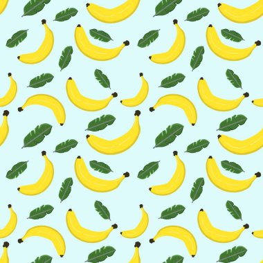 Renkli arka planda kusursuz muz ve yapraklar var. Çizim elle çizilmiş. Kumaş, kağıt ve diğer nesneler için tasarım. Dijital illüstrasyon.