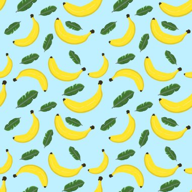 Renkli arka planda kusursuz muz ve yapraklar var. Çizim elle çizilmiş. Kumaş, kağıt ve diğer nesneler için tasarım. Dijital illüstrasyon.