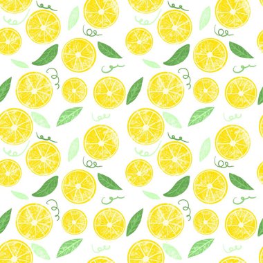 Limon dilimlerinin kusursuz deseni. Karalama tarzında kıvrımlı çizgileri olan el çizimleri. Giysi, kumaş ve diğer eşyalar için tasarımı hazırlayın..