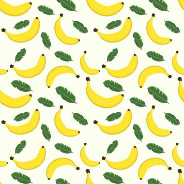 Renkli arka planda kusursuz muz ve yapraklar var. Çizim elle çizilmiş. Kumaş, kağıt ve diğer nesneler için tasarım. Dijital illüstrasyon.