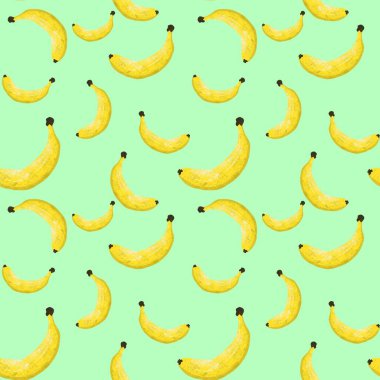 Renkli arka planda kusursuz muz deseni. Çizim elle çizilmiş. Kumaş, kağıt ve diğer nesneler için tasarım. Dijital illüstrasyon.