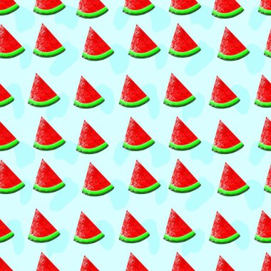 Karpuz dilimleri. Kusursuz yemek temalı desen, elle çizilmiş çizim. Giysi, kumaş ve diğer eşyalar için tasarım.