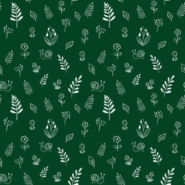 Doğa temalı kusursuz bir desen. Dal, kafatası, salyangoz ve daha fazlası karalama tarzında çizilmiş. Kumaş kağıdı, giysi ve diğer eşyalar için tasarımı hazırla.