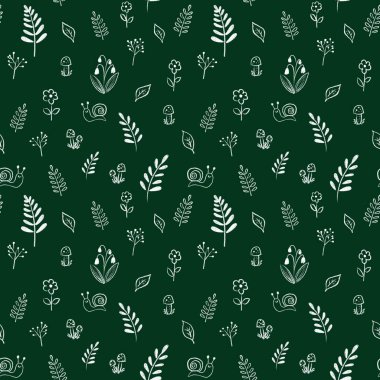 Doğa temalı kusursuz bir desen. Dal, kafatası, salyangoz ve daha fazlası karalama tarzında çizilmiş. Kumaş kağıdı, giysi ve diğer eşyalar için tasarımı hazırla.