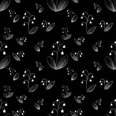 Doğa temalı, siyah beyaz, doğrusal, pürüzsüz desen. Çiçekler karalama tarzında çizilmiş. Kumaş kağıdı, giysi ve diğer eşyalar için tasarımı hazırla.