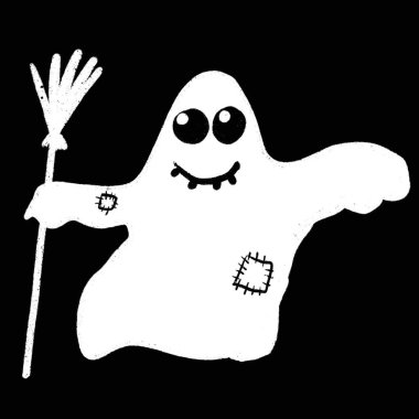 Siyah arka planda süpürgesi olan komik bir hayalet. Elle çizilmiş illüstrasyon. Cadılar Bayramı Konsepti.