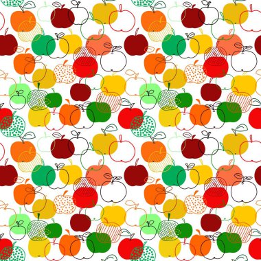 Farklı şekil ve renklerdeki elmaların kusursuz deseni. İllüstrasyon, karalama, dijital illüstrasyon şeklinde elle çizilmiştir. Kumaş, giysi, hediye kağıdı ve diğer eşyalar için tasarımı hazırla.
