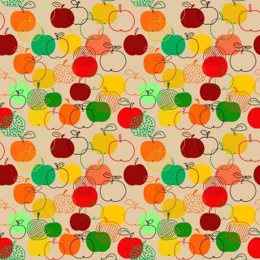 Farklı şekil ve renklerdeki elmaların kusursuz deseni. İllüstrasyon, karalama, dijital illüstrasyon şeklinde elle çizilmiştir. Kumaş, giysi, hediye kağıdı ve diğer eşyalar için tasarımı hazırla.