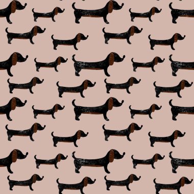 Kusursuz desen, komik dachshund köpeği. Çizim stiliyle çizilmiş bir resim. Kumaş, giysi ve diğer eşyalar için tasarım.