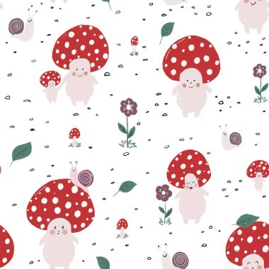 Kusursuz doğal desen. Beyaz arka planda komik sinek mantarları, çiçekler, yapraklar ve salyangoz. Kumaş, giysi ve diğer eşyalar için tasarım.