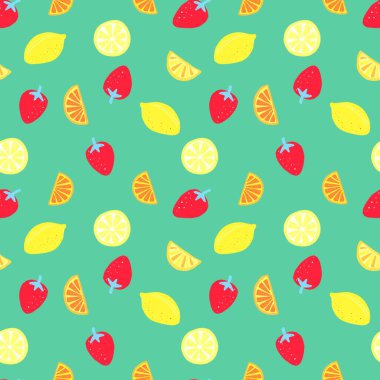 Limonlar, portakal dilimleri ve renkli arka planda çilekler. Kusursuz yemek temalı tasarım. Kumaş ve diğer eşyalar için tasarım. dijital resimleme.