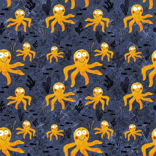 Funny yellow octopus. Natural seamless pattern . Illustration is hand-drawn with curved lines. Design for clothing, fabric and other items