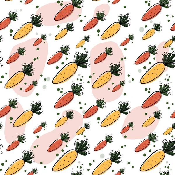 Seamless pattern of carrots on white background. Hand-drawn illustration with curved lines in doodle style. Design for fabric, clothing, paper, and other objects.