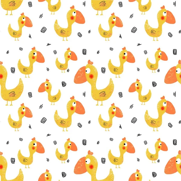 A seamless pattern with a yellow funny bird on a white background. The illustration is hand-drawn in doodle style. Digital illustration. Design for fabric, paper and other objects.