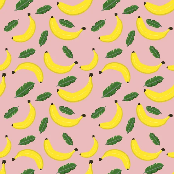 Seamless Pattern Bananas Leaves Colored Background Illustration Hand Drawn Design — Stock Photo, Image