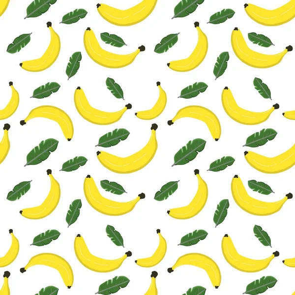 Kusursuz muz deseni ve beyaz arka planda yapraklar. Çizim elle çizilmiş. Kumaş, kağıt ve diğer nesneler için tasarım. Dijital illüstrasyon.