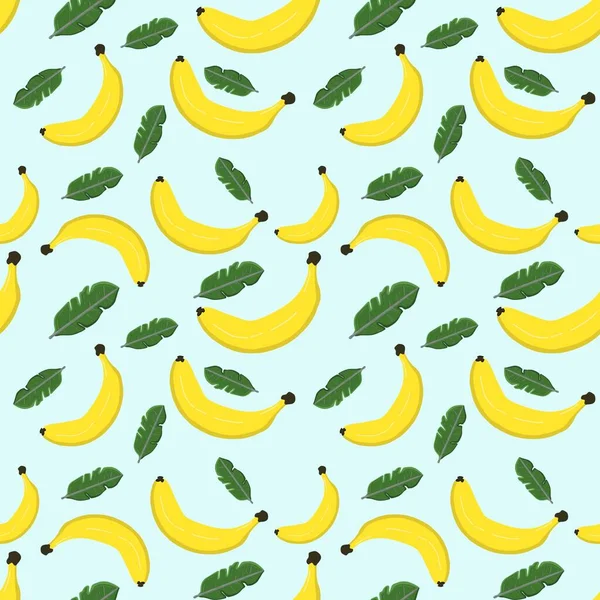 Renkli arka planda kusursuz muz ve yapraklar var. Çizim elle çizilmiş. Kumaş, kağıt ve diğer nesneler için tasarım. Dijital illüstrasyon.
