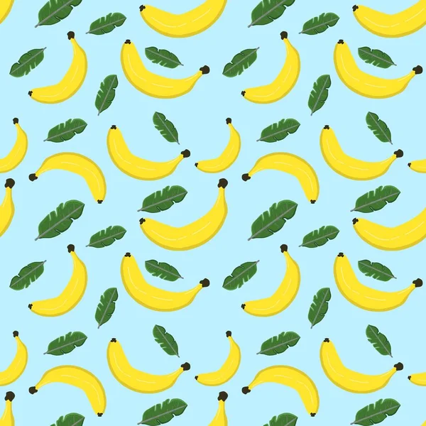 Renkli arka planda kusursuz muz ve yapraklar var. Çizim elle çizilmiş. Kumaş, kağıt ve diğer nesneler için tasarım. Dijital illüstrasyon.