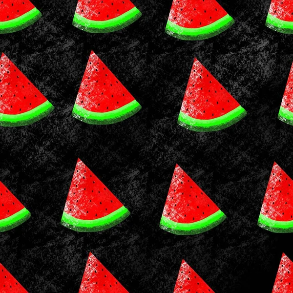 Watermelon slices on a black background. Seamless food-themed pattern.Illustration is hand-drawn.Design for clothing, fabric and other items.
