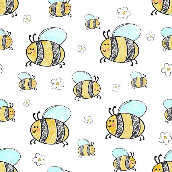 Açık beyaz komik arılar. Kusursuz doğal desen. Eğri çizgileri olan el çizimi bir resim. Kumaş, giysi ve diğer nesneler için tasarım.
