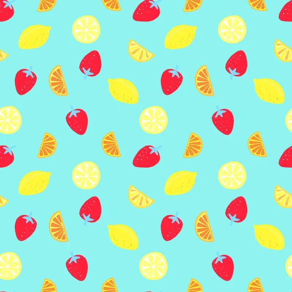 Limonlar, portakal dilimleri ve renkli arka planda çilekler. Kusursuz yemek temalı tasarım. Kumaş ve diğer eşyalar için tasarım. dijital resimleme.