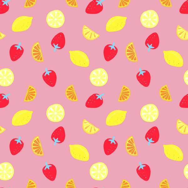 Citroenen Sinaasappelschijfjes Aardbeien Gekleurde Achtergrond Naadloos Voedsel Thema Ontwerp Ontwerp — Stockfoto