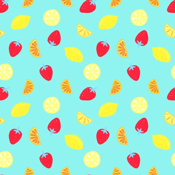Limones Rodajas Naranja Fresas Sobre Fondo Coloreado Diseño Inconsútil Con —  Fotos de Stock