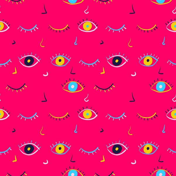 Abstract seamless pattern. Eyes of different colors on a pink background. Design for paper, fabric, clothing and other objects