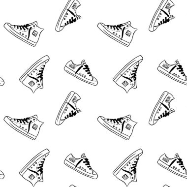 Spor ayakkabılarla kusursuz doğrusal desen. Doodle tarzı illüstrasyon. Giysiler, tişörtler, elbiseler, kumaşlar için tasarım .