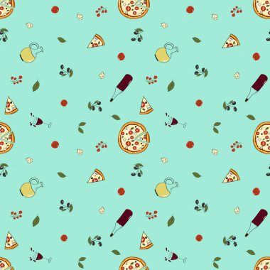Her tarafta pizza, domates, peynir, şarap ve diğer elementlerle kusursuz bir desen var. Resim, canlı hatlarla çizilmiş. Kumaşlar ve diğer malzemeler için tasarlanmış..