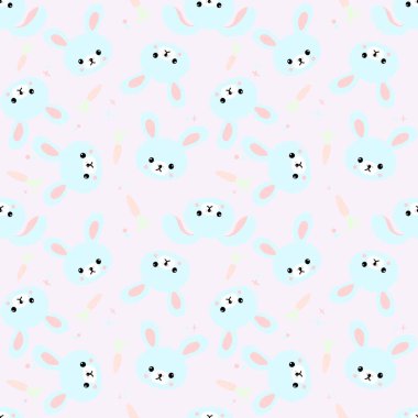 Şirin tavşanlar, havuçlar ve diğer elementlerle kusursuz desen. Giysi, kumaş ve diğer eşyalar için tasarım. Çizim, kartun stilinde canlı çizgilerle çizilmiş..