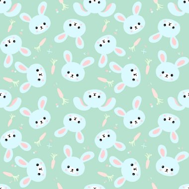Şirin tavşanlar, havuçlar ve diğer elementlerle kusursuz desen. Giysi, kumaş ve diğer eşyalar için tasarım. Çizim, kartun stilinde canlı çizgilerle çizilmiş..