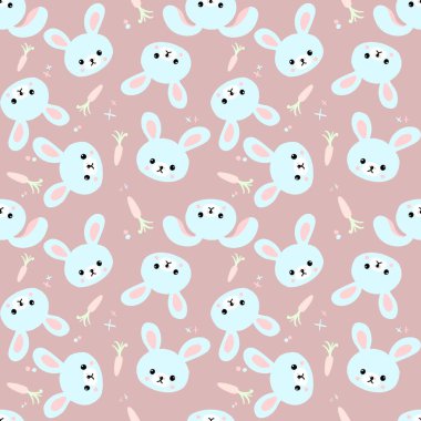 Şirin tavşanlar, havuçlar ve diğer elementlerle kusursuz desen. Giysi, kumaş ve diğer eşyalar için tasarım. Çizim, kartun stilinde canlı çizgilerle çizilmiş..