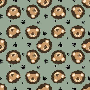 Sevimli bir aslan yavrusuyla kusursuz desen. Giysi, kumaş ve diğer eşyalar için tasarım. Çizim, çizgi film tarzında elle çizilmiş..