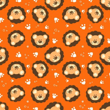 Sevimli bir aslan yavrusuyla kusursuz desen. Giysi, kumaş ve diğer eşyalar için tasarım. Çizim, çizgi film tarzında elle çizilmiş..