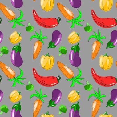 Yemek temasında kusursuz bir desen var. Havuç, biber, patlıcan ve brokoli Kartun stilinde elle çizilmiştir. Kumaş, giysi ve diğer eşyalar için tasarım.