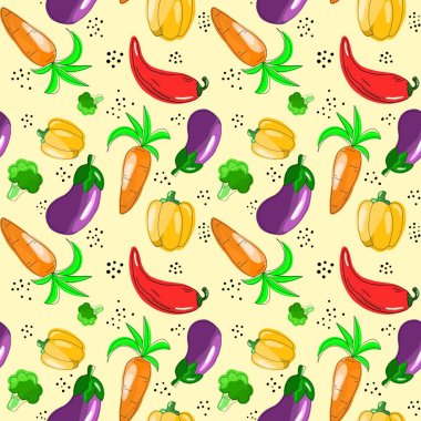 Yemek temasında kusursuz bir desen var. Havuç, biber, patlıcan ve brokoli Kartun stilinde elle çizilmiştir. Kumaş, giysi ve diğer eşyalar için tasarım.