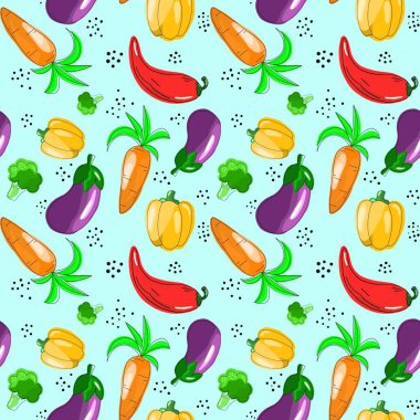 Yemek temasında kusursuz bir desen var. Havuç, biber, patlıcan ve brokoli Kartun stilinde elle çizilmiştir. Kumaş, giysi ve diğer eşyalar için tasarım.