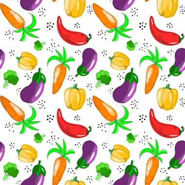 Yemek temasında kusursuz bir desen var. Havuç, biber, patlıcan ve brokoli Kartun stilinde elle çizilmiştir. Kumaş, giysi ve diğer eşyalar için tasarım.