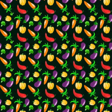 Yemek temasında kusursuz bir desen var. Havuç, biber, patlıcan ve brokoli Kartun stilinde elle çizilmiştir. Kumaş, giysi ve diğer eşyalar için tasarım.