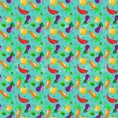 Yemek temasında kusursuz bir desen var. Havuç, biber, patlıcan ve brokoli Kartun stilinde elle çizilmiştir. Kumaş, giysi ve diğer eşyalar için tasarım.