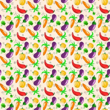 Yemek temasında kusursuz bir desen var. Havuç, biber, patlıcan ve brokoli Kartun stilinde elle çizilmiştir. Kumaş, giysi ve diğer eşyalar için tasarım.