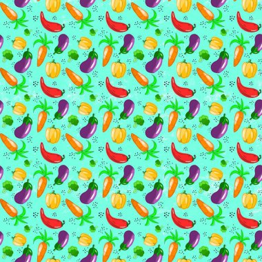 Yemek temasında kusursuz bir desen var. Havuç, biber, patlıcan ve brokoli Kartun stilinde elle çizilmiştir. Kumaş, giysi ve diğer eşyalar için tasarım.