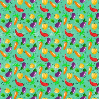 Yemek temasında kusursuz bir desen var. Havuç, biber, patlıcan ve brokoli Kartun stilinde elle çizilmiştir. Kumaş, giysi ve diğer eşyalar için tasarım.