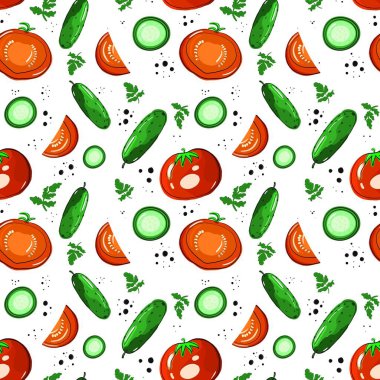 Salatalık ve domatesli kusursuz desen. Çizim, karalama stilinde elle çizilmiş. Kumaş ve diğer eşyalar için tasarım.