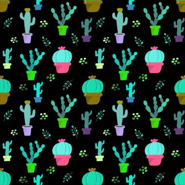 Kaktüsle kusursuz desen. Çizim, karalama stilinde elle çizilmiş. Kumaş ve diğer eşyalar için tasarım.