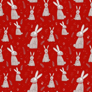 Tavşanlar, mantarlar ve diğer elementlerle kusursuz desen. Doğal bir tema. İllüstrasyon elle çizilir ve Kartun tarzında eğri çizgiler çizilir. Kumaş, giysi ve diğer eşyalar için tasarım.