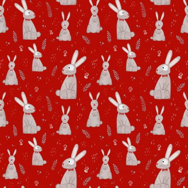 Tavşanlar, mantarlar ve diğer elementlerle kusursuz desen. Doğal bir tema. İllüstrasyon elle çizilir ve Kartun tarzında eğri çizgiler çizilir. Kumaş, giysi ve diğer eşyalar için tasarım.